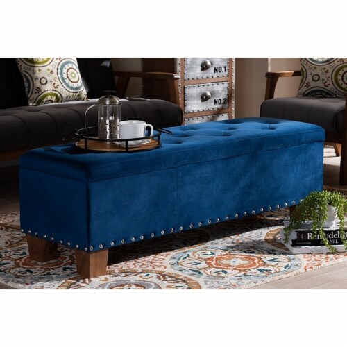 Baxton Studio Hannah Navy Blue Velvet Upholstered Storage Ottoman Bench Perspective: left