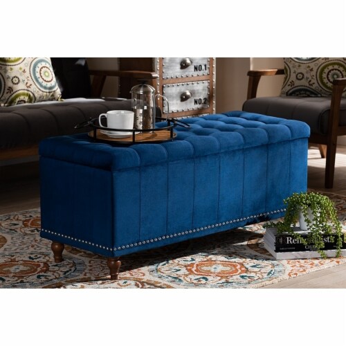 Baxton Studio BBT3137-Navy Velvet-Walnut-Otto Kaylee Modern & Contemporary Navy Blue Velvet F Perspective: left