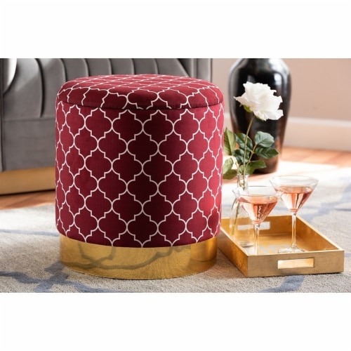 Serra Glam and Luxe Red Quatrefoil Velvet Fabric Upholstered Gold Finished Metal Storage Perspective: left