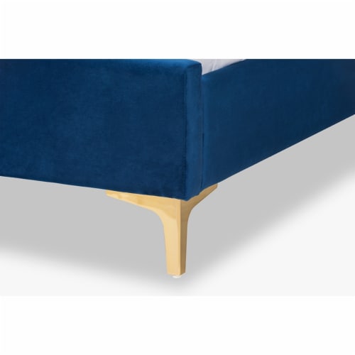 Serrano Glam and Luxe Navy Blue Velvet Fabric and Gold Metal Full Size Platform Bed Perspective: left