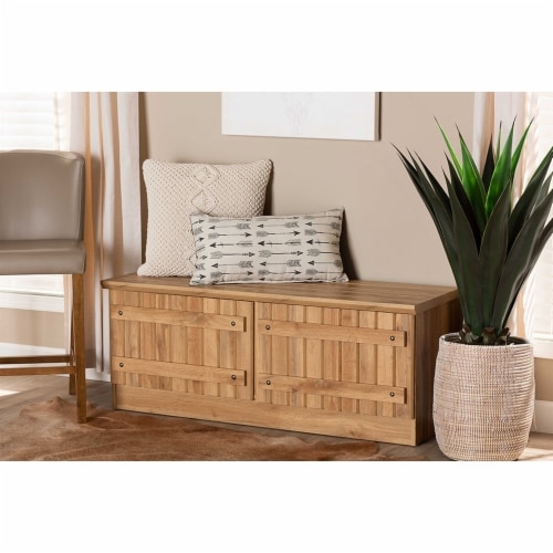 Oswald Modern and Contemporary Farmhouse Natural Oak Brown Finished Wood 2-Door Storage Bench Perspective: left