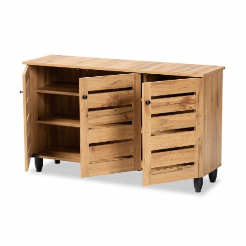 Baxton Studio Gisela Modern and Contemporary Oak Brown Finished Wood 3-Door Shoe Storage Perspective: left