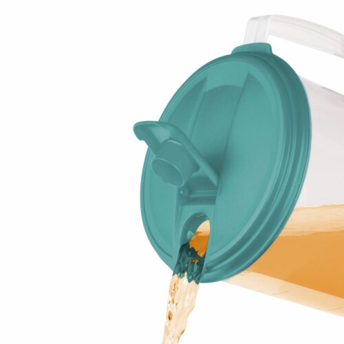 Sterilite 1-Gallon Round Plastic Pitcher and Spout, Clear w/ Color Lid (18 Pack) Perspective: left
