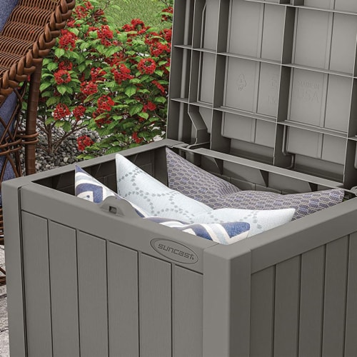 Suncast 22 gallon small resin patio storage deck box seat online