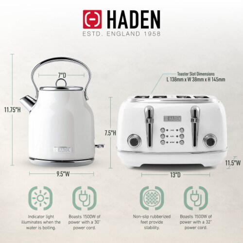 Haden Heritage 1.7 Liter Electric Tea Kettle & 4 Slice Wide Slot Toaster, White Perspective: left