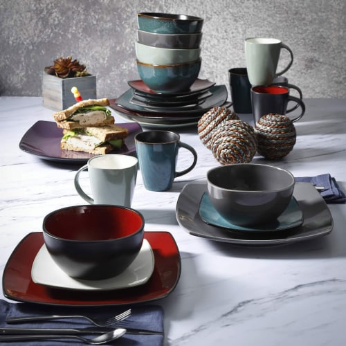 Gibson Soho Lounge 16 Piece Red Glazed Dinnerware Plates, Bowls, & Mugs (2 Pack) Perspective: left