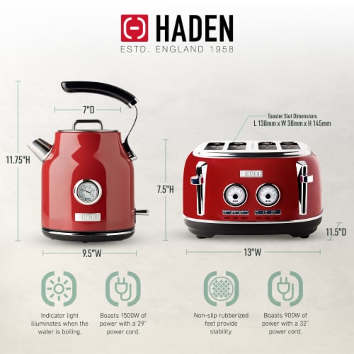 Haden Dorset 1.7 Liter Cordless Electric Kettle and 4 Slice Bread Toaster, Red Perspective: left