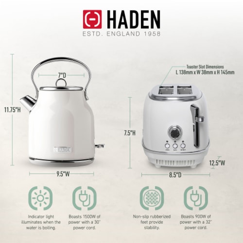 Haden Heritage 1.7 Liter Electric Kettle with 2 Slice Bread Toaster, White  