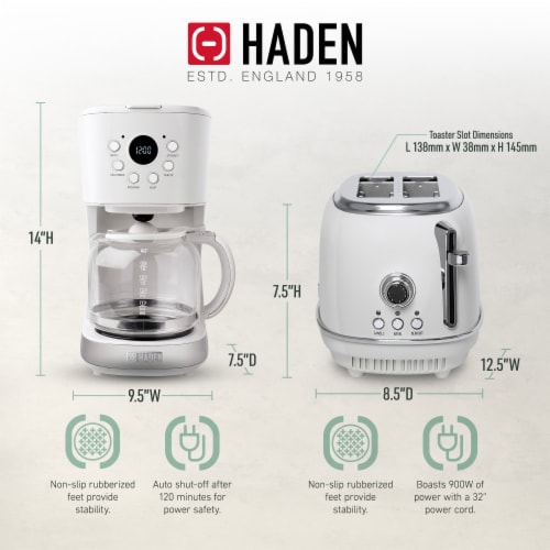 Haden 12 Cup Coffee Maker with 2 Slice Wide Stainless Steel Bread Toaster, White Perspective: left