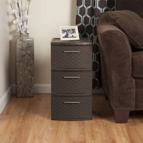 Sterilite 3 Drawer Wicker Weave Decorative Storage Tower, Espresso (8 Pack) Perspective: left