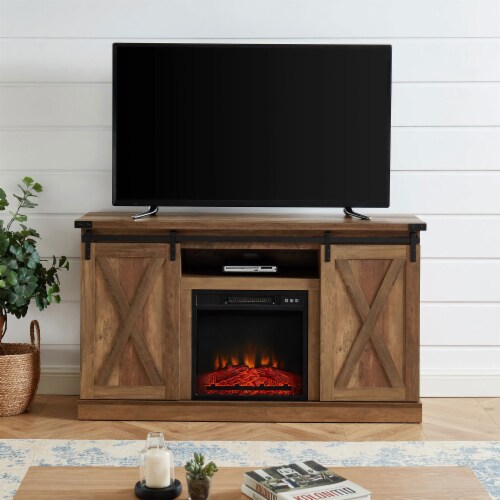 Edyo Living Electric Fireplace TV Stand Table with Sliding Barn Door, Rustic Oak Perspective: left