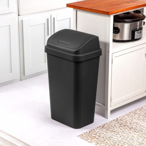 Sterilite 13 Gal Kitchen Swing Top Lidded Wastebasket Trash Can, Black (16 Pack) Perspective: left