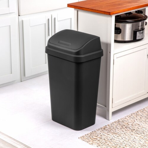 Sterilite 13 Gal Swing Top Lidded Wastebasket Kitchen Trash Can, Black (4 Pack) Perspective: left