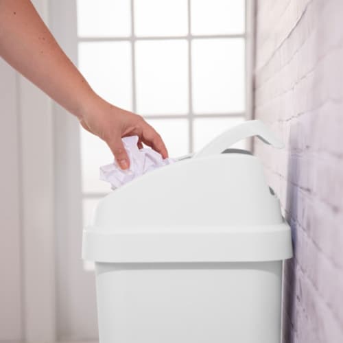 Sterilite 13 Gal Swing Top Lidded Wastebasket Kitchen Trash Can, White (8 Pack) Perspective: left