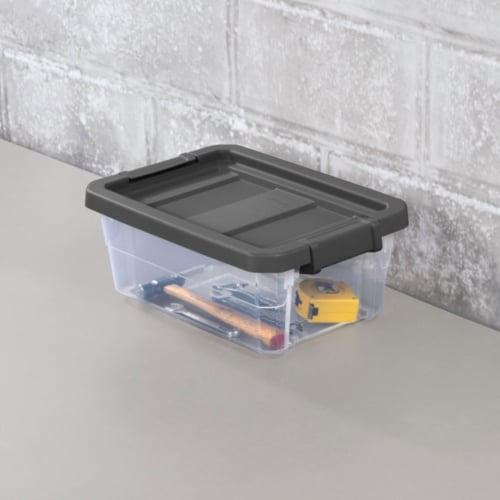 Sterilite 16 Qt Clear Plastic Stacking Storage Containers w/ Gray Lid (12 Pack) Perspective: left