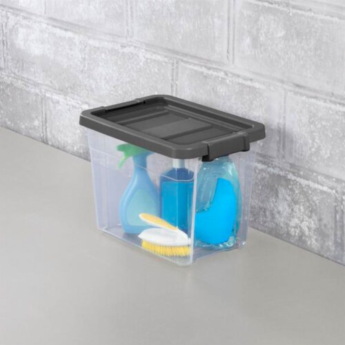 Sterilite 30 Qt Clear Plastic Stackable Storage Bin w/ Grey Latch Lid, 24 Pack Perspective: left