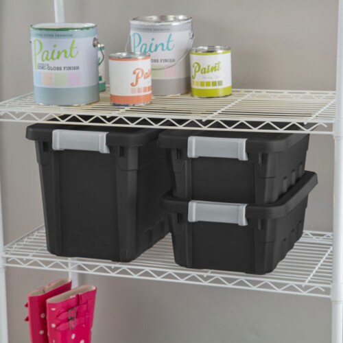 Sterilite 7.5 Gal Rugged Industrial Storage Totes w/ Latch Lids, Black (24 Pack) Perspective: left