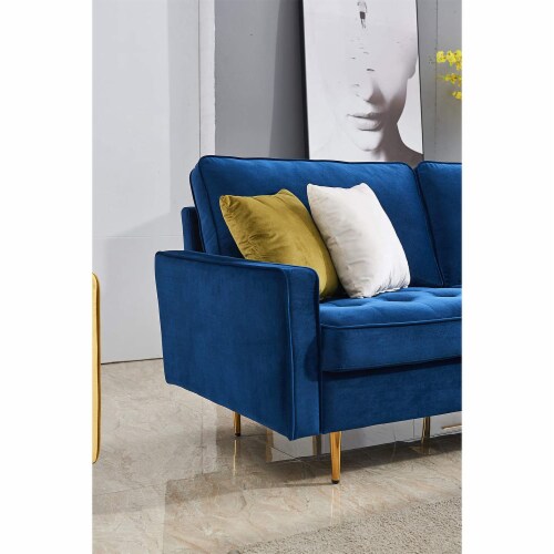JULYFOX Mid Century Modern Button Tufted Velvet Loveseat Sofa Couch, Blue Perspective: left