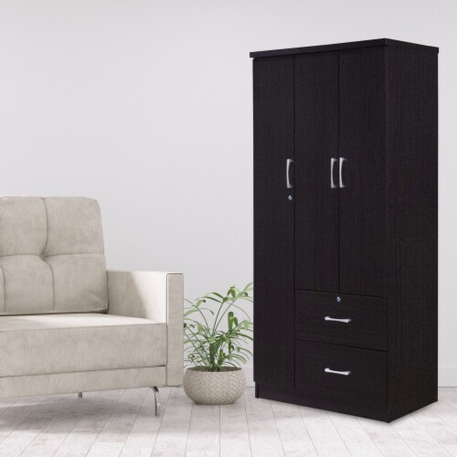 Hodedah Import 3 Door Armoire with Clothing Rod, Shelves, and 2 Drawers, Black Perspective: left