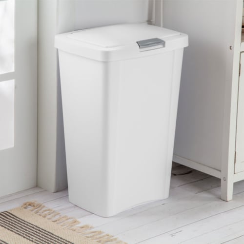 Sterilite 13 Gallon TouchTop Wastebasket with Titanium Latch, White (4 Pack) Perspective: left