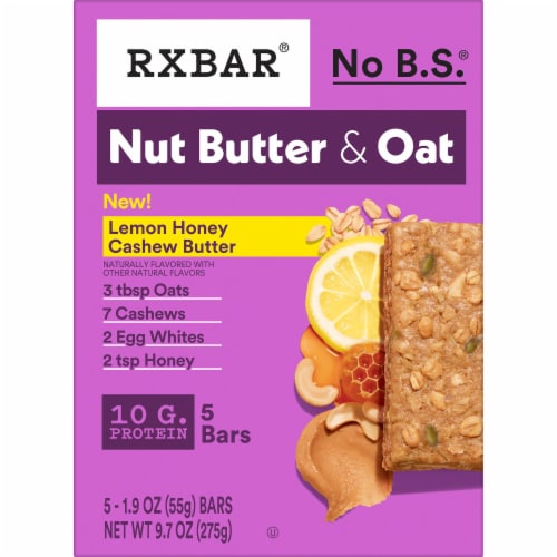 RXBAR Nut Butter and Oat Lemon Honey Cashew Butter Protein Bars Perspective: left