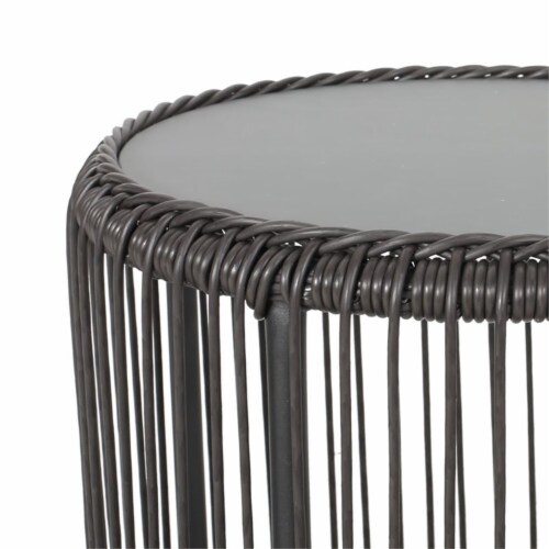 Noble House Pabrico Outdoor Tempered Glass Top Wicker Side Table in Gray Perspective: left