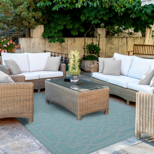 Backyard Bungalow Fifer Zane Area Rug - Aqua and Grey Perspective: left