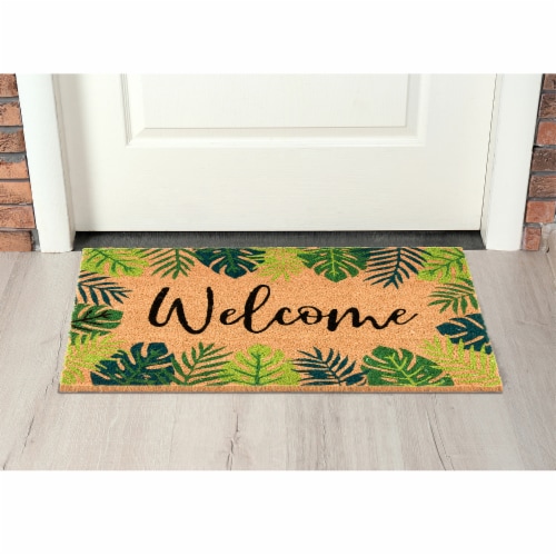Backyard Bungalow Coir Doormat Tropical Foliage Border Welcome Perspective: left