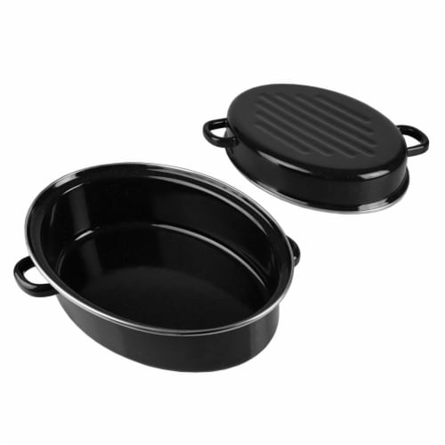 Home Basics Deep Oval Natural Non-Stick 12” Enameled Carbon Steel Roaster Pan with Lid, Black Perspective: left