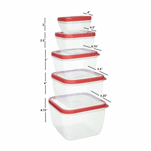 Home Basics 5 Piece Spill-Proof Square Plastic Food Storage Container, Red Perspective: left