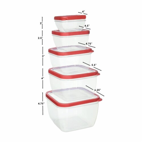 Home Basics 5 Piece Spill-Proof Rectangular Plastic Food Storage Container  with Ventilated, Snap-On Lids, Red, FOOD PREP