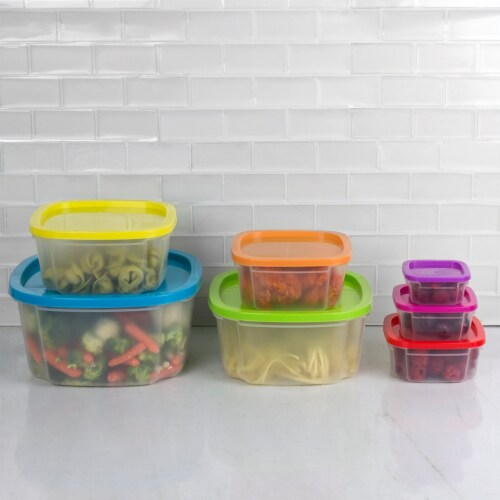 Home Basics 7 Piece Plastic Food Storage Container Set with Multi-Colored Lids Perspective: left