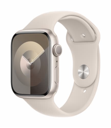 Apple Watch Series 9 GPS 45mm Starlight Aluminum Case with Starlight Sport Band - S/M Perspective: left