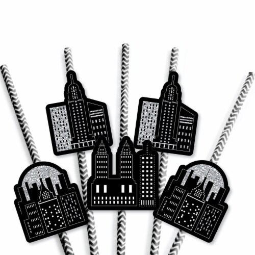 Big Dot of Happiness Nighttime City Skyline - New York Party Striped Paper Decor Straws 24 Ct Perspective: left