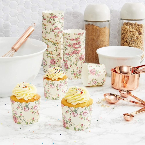 50-Pack Muffin Liners - Vintage Floral Cupcake Wrappers Paper Baking Cups Perspective: left