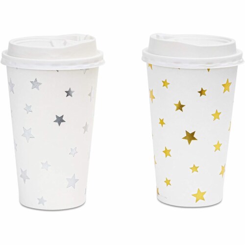 Insulated Paper Coffee Cups with Lids and Foil Stars (16-oz, 48-Pack) Perspective: left