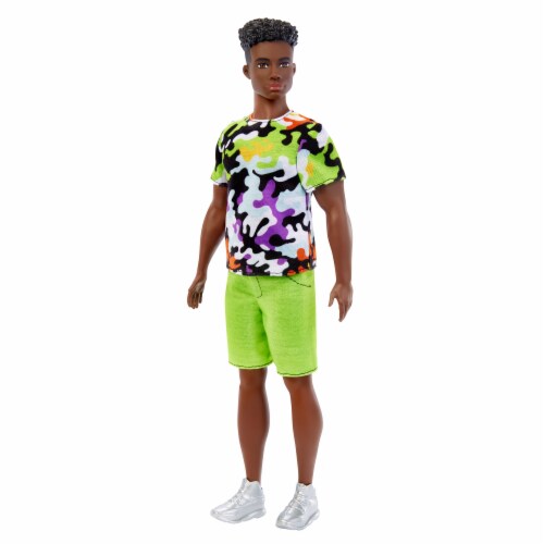 Barbie Ken Fashionistas Doll, Broad, Black Curly Hair, Multi-Colored Camo Print Shirt Perspective: left