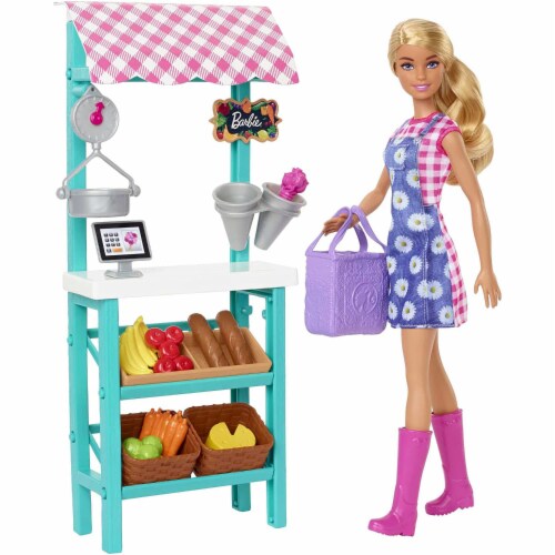 Barbie Farmers Market Playset, Barbie Doll (Blonde), Stand, Register & Accessories Perspective: left