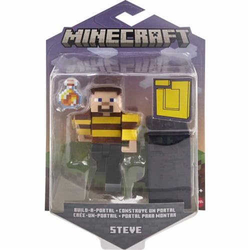 Mattel Minecraft Bees Shirt Steve 3.25-in Action Figure with Build-a-Portal Piece & Accessory Perspective: left