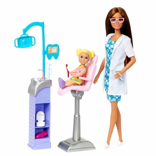 Mattel Barbie® You Can Be Anything™ Brunette Dentist Doll With Child Doll Set Perspective: left