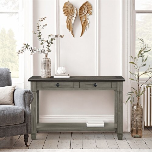 Lexicon Granby Wood 2 Drawer Console Table in Antique Gray Perspective: left