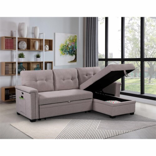 Bowery Hill Light Gray Reversible Sleeper Sofa Storage Chaise USB