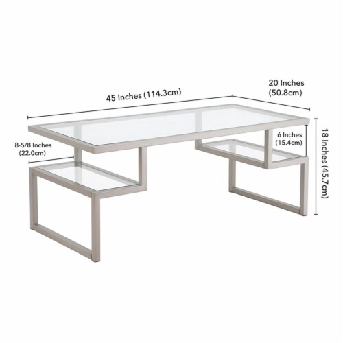 Pemberly Row Metal Satin Nickel and Gray Coffee Table with Glass Top Perspective: left
