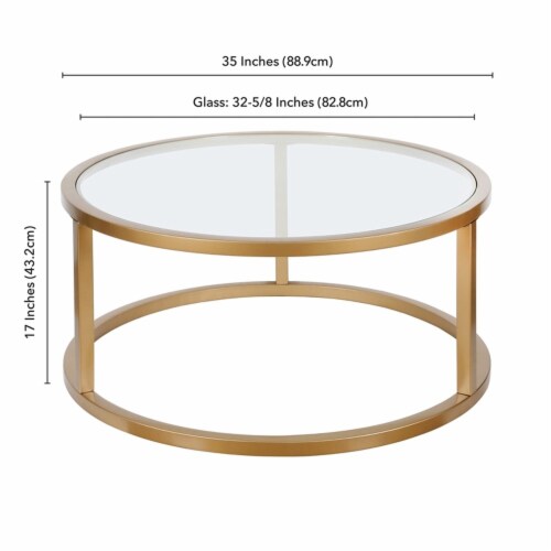 Pemberly Row Metal Round Pedastal Base Coffee Table in Gold and Brass Finish Perspective: left