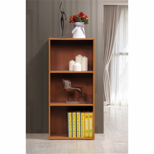 Pemberly Row Three Shelf Wooden Bookcase in Cherry Finish Perspective: left