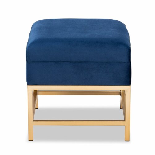 Bowery Hill Navy Blue Fabric and Gold Finished Metal Ottoman Perspective: left