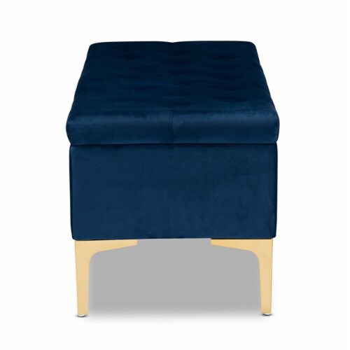 Bowery Hill Navy Blue Velvet Gold Button Tufted Storage Ottoman Perspective: left
