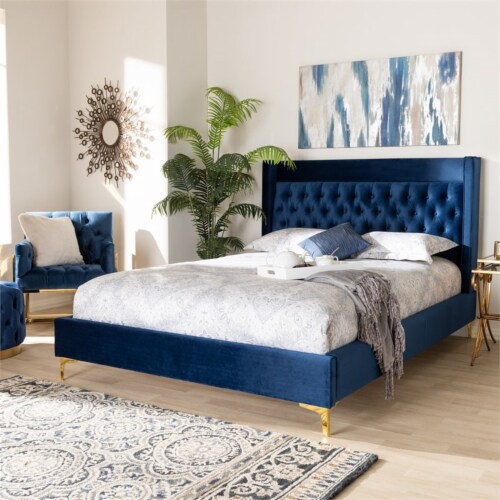 Bowery Hill Tufted Modern Velvet Platform Queen Bed in Navy Blue Perspective: left