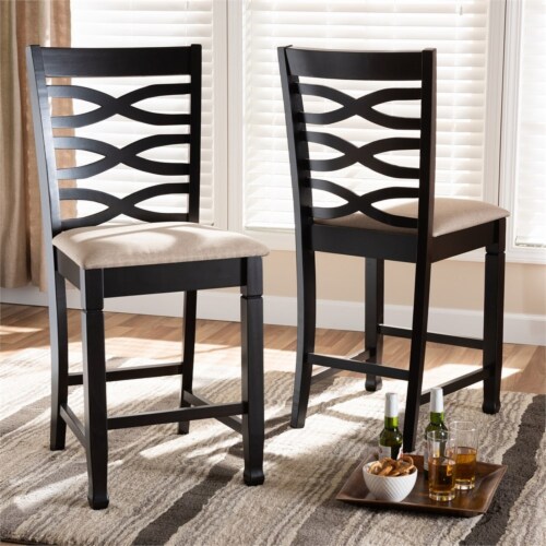 Bowery Hill 25 H Upholstered Wood Bar Stool in Sand and Brown Set of 2 Perspective: left