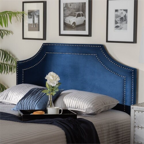 Bowery Hill Modern Velvet and Wood Queen Headboard in Navy Blue Perspective: left